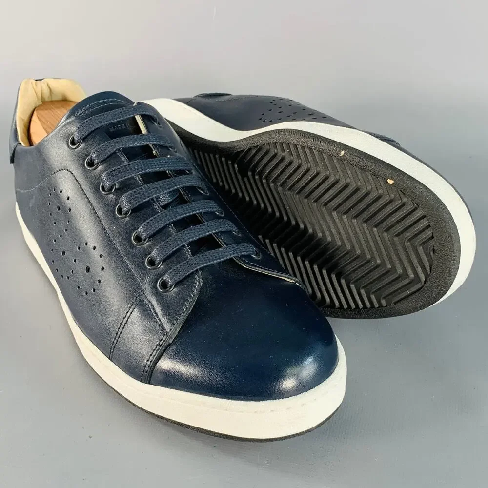 BUGATCHI Size 8 Navy Perforated Leather Low Top Sneakers